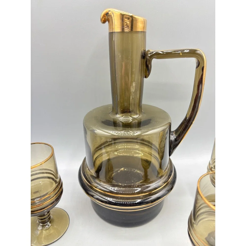 Vintage MCM Smoky Brown Glass Decanter Set Gold Rimmed 6 Cordial Glasses Barware